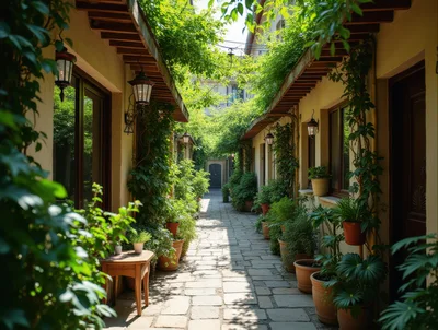 Narrow Stone Alleyway With Potted Plants And Greenery