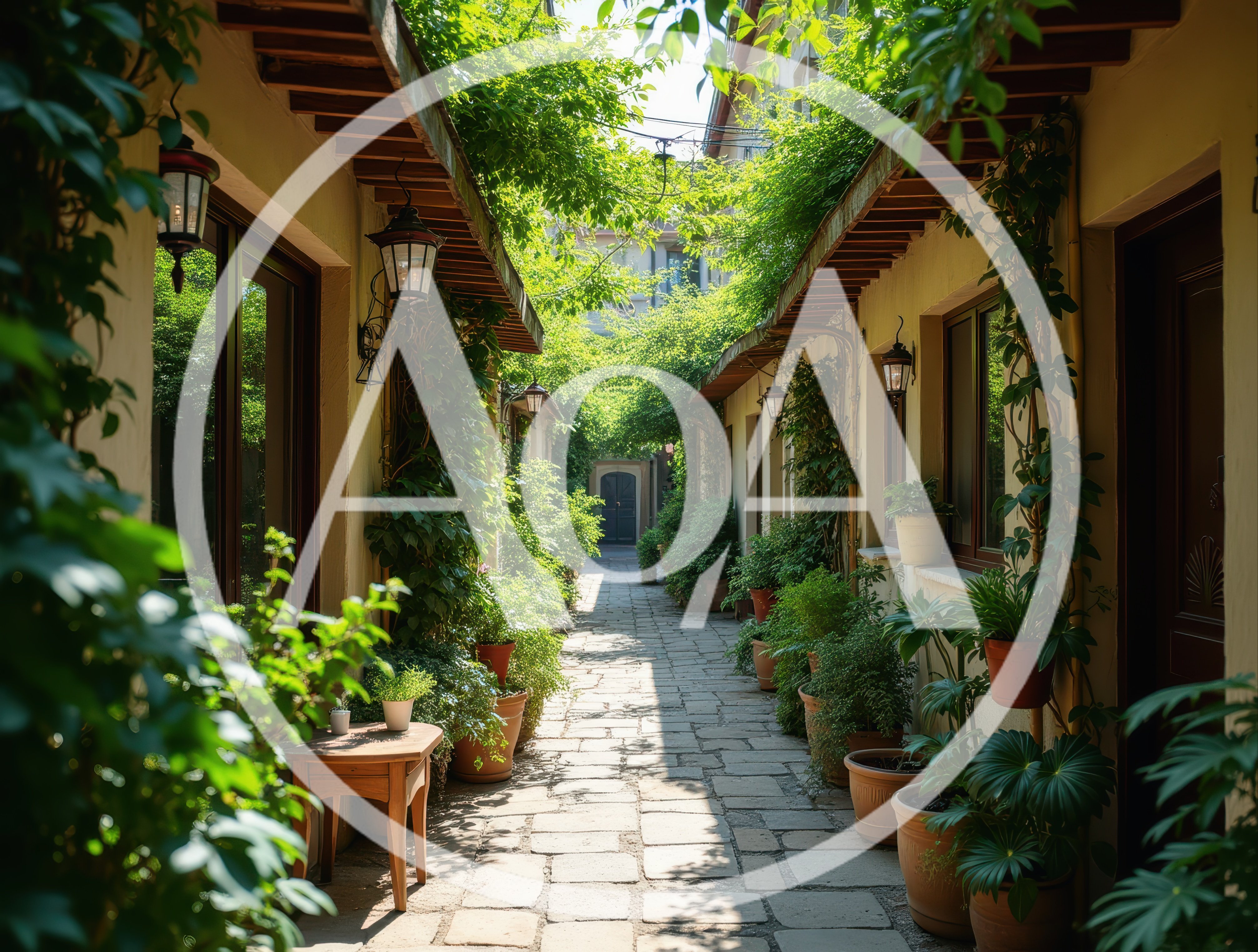 Narrow Stone Alleyway With Potted Plants And Greenery