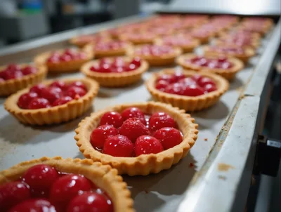 Freshly Baked Cherry Tarts On A Commercial Baking Tray