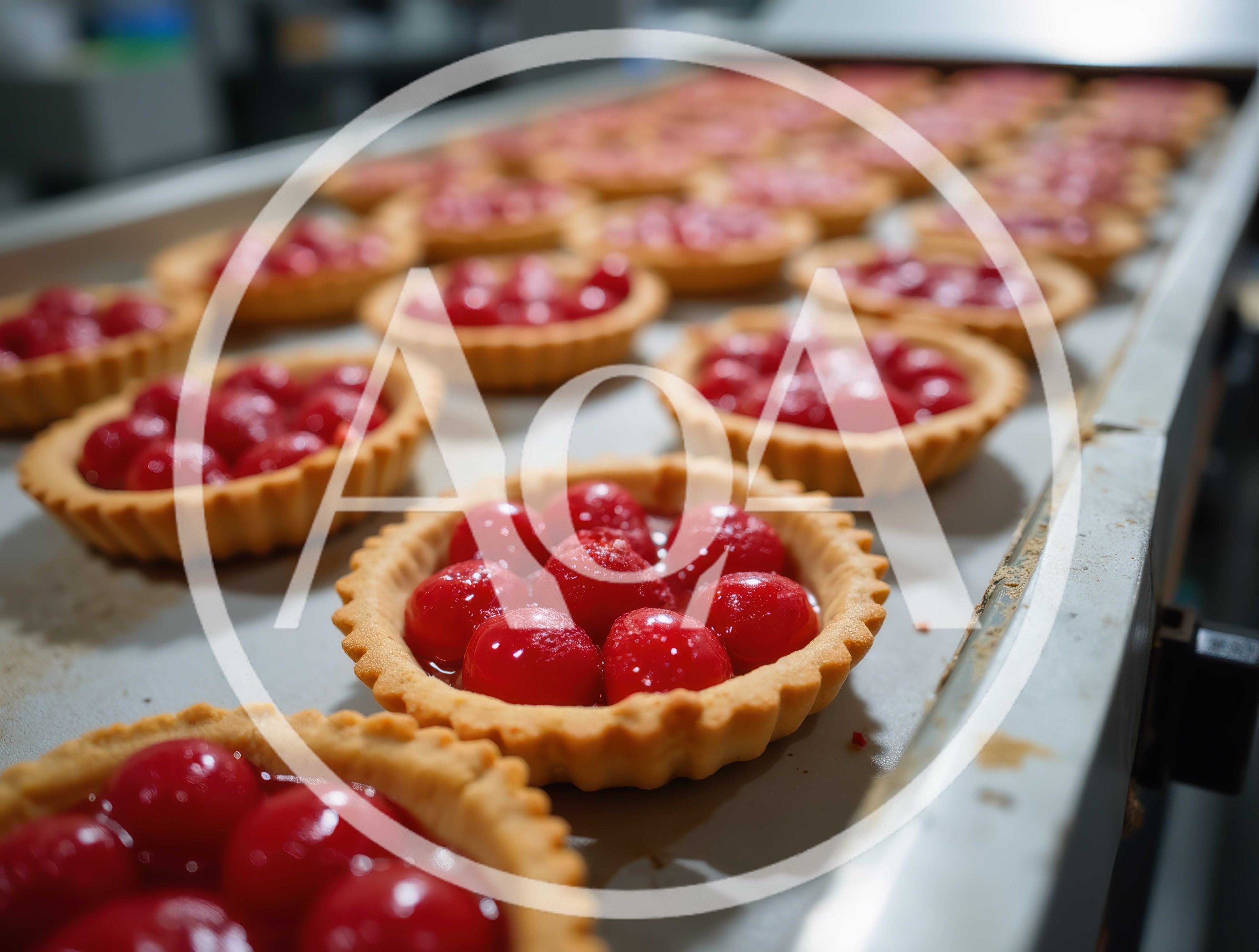 Freshly Baked Cherry Tarts On A Commercial Baking Tray