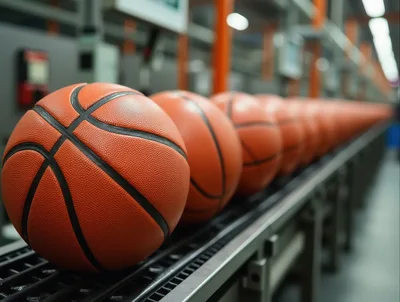 Basketballs Moving Along An Industrial Factory Conveyor Belt