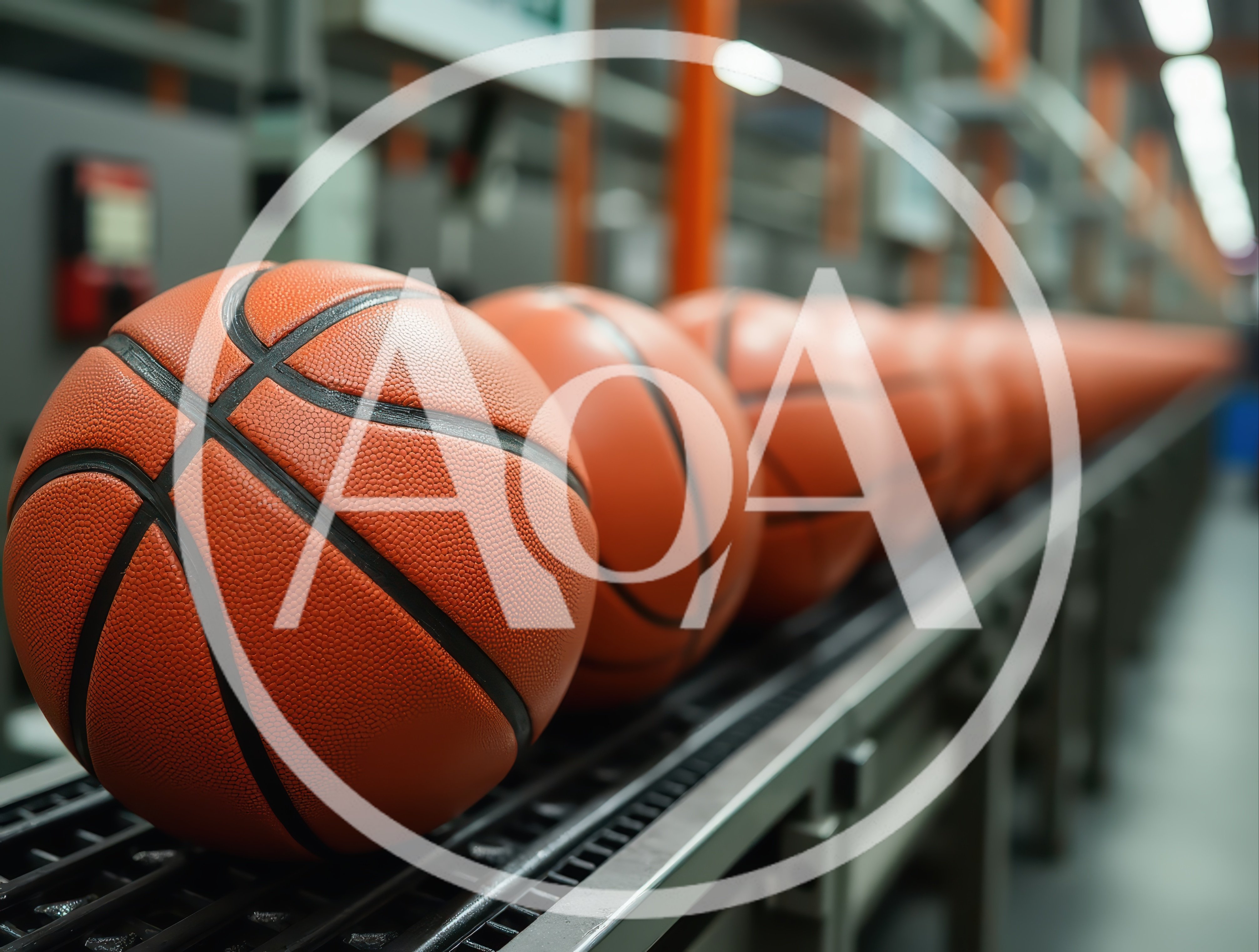 Basketballs Moving Along An Industrial Factory Conveyor Belt