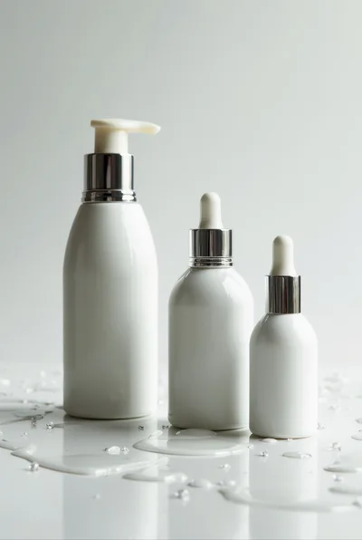 Three White Cosmetic Bottles On A Wet Surface