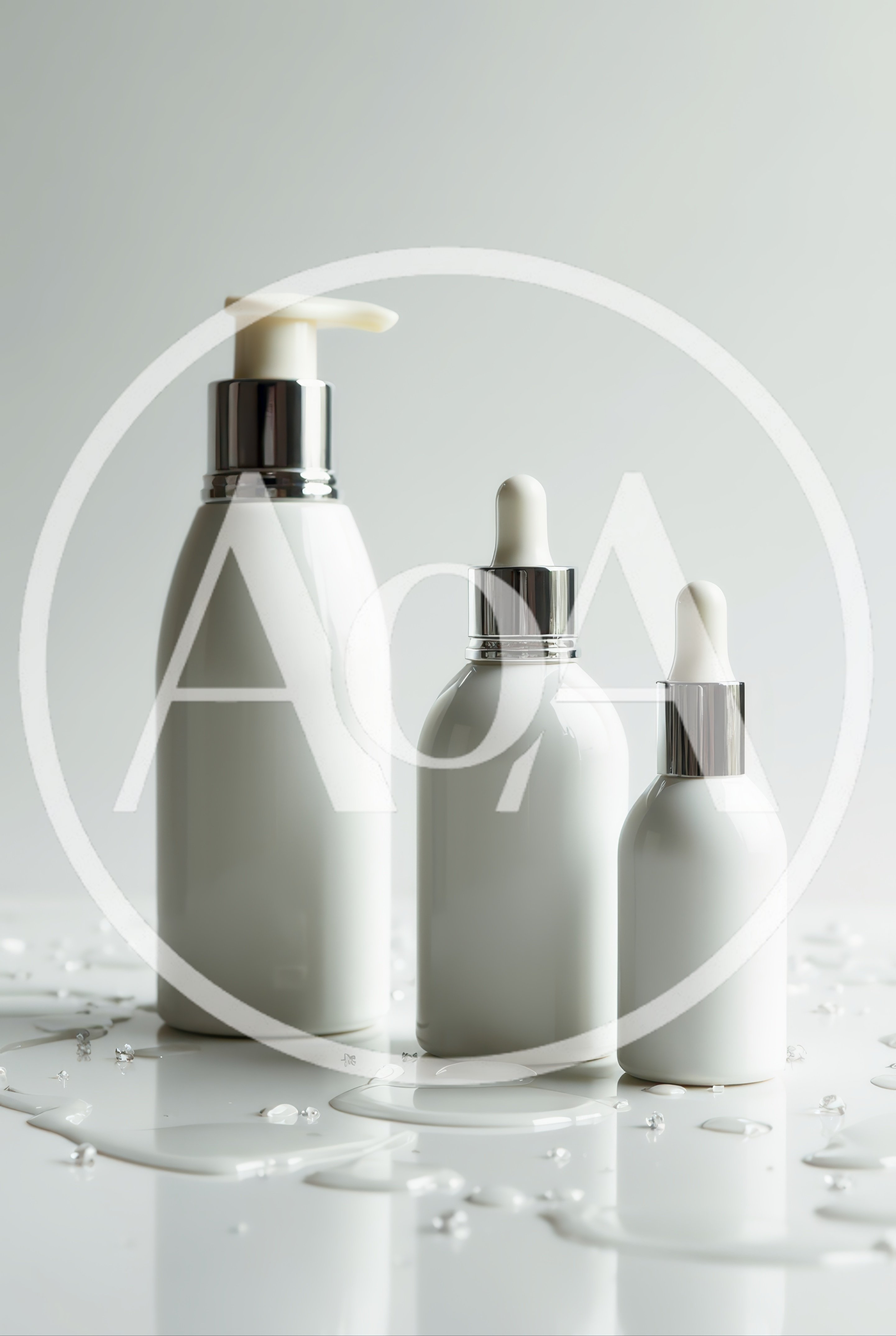 Three White Cosmetic Bottles On A Wet Surface