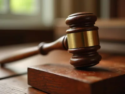 Wooden Gavel Resting On A Courtroom Sound Block