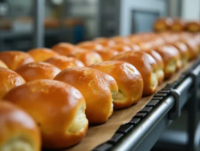 Freshly Baked Golden Bread Rolls On Industrial Conveyor Belt