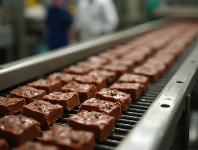 Chocolate Brownies Moving Along Industrial Conveyor Belt