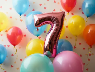 Rose Gold Number Seven Balloon With Colorful Party Balloons