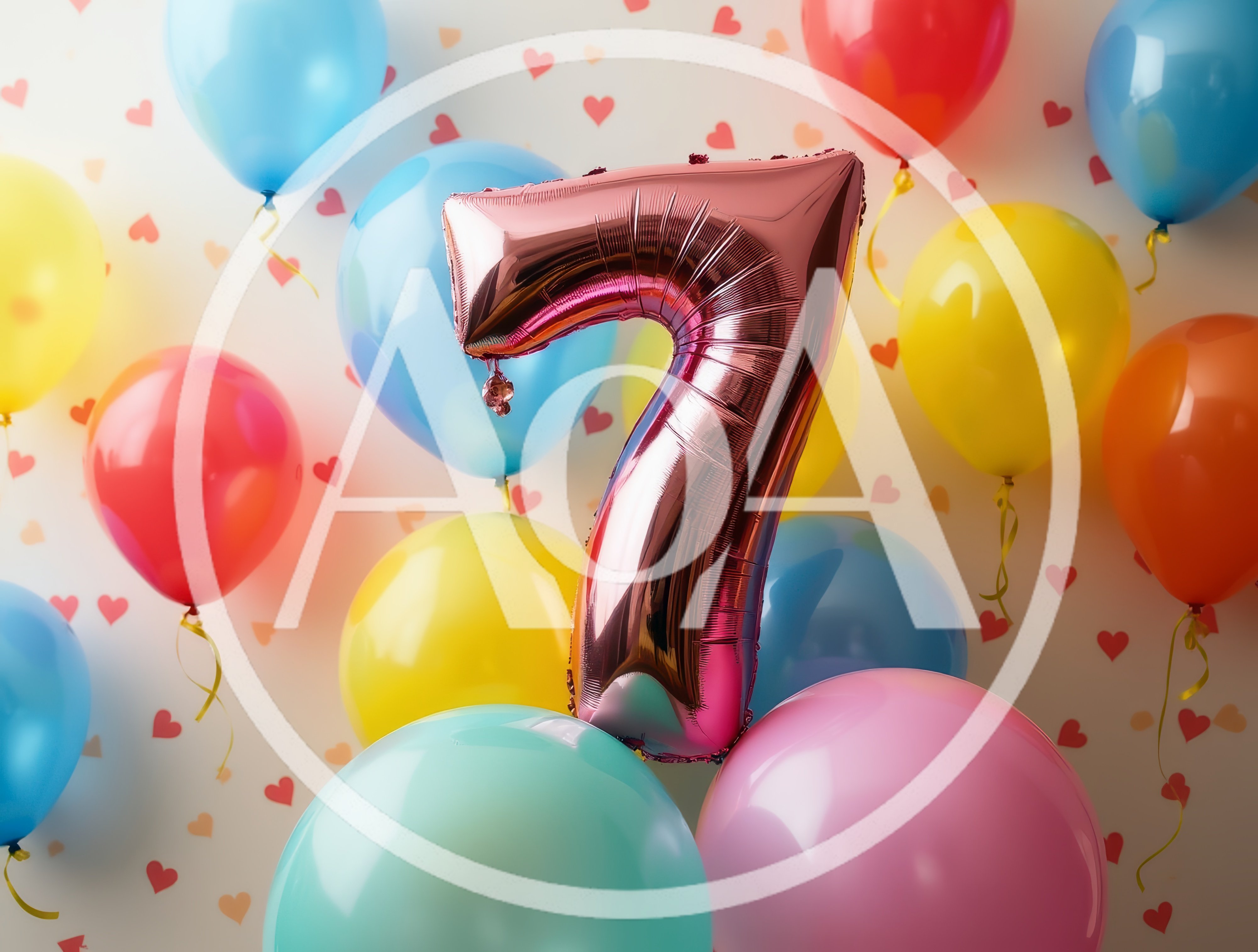 Rose Gold Number Seven Balloon With Colorful Party Balloons