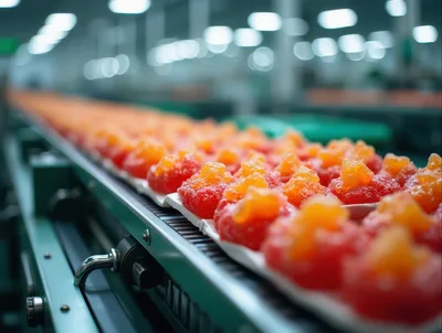 Conveyor Belt Carrying Red And Orange Candied Fruit