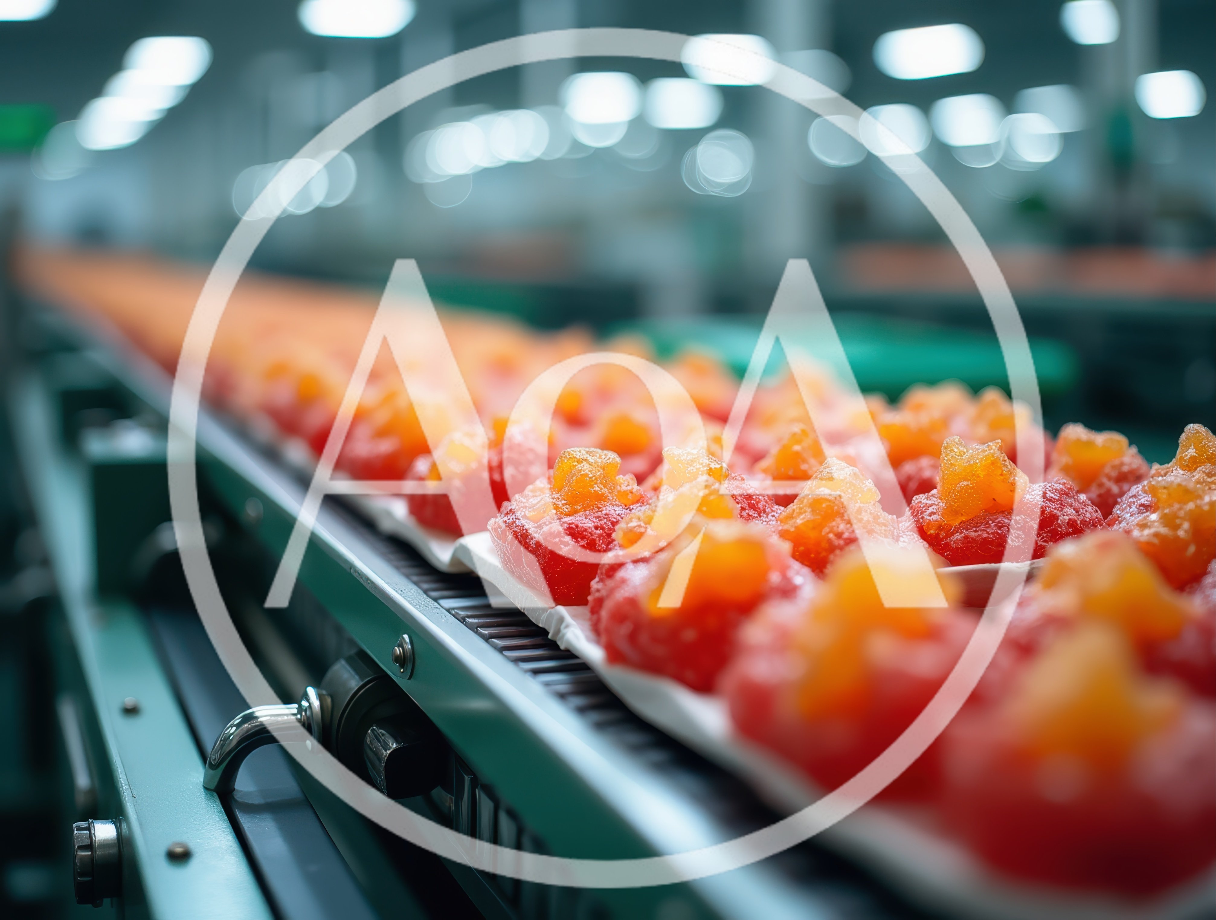 Conveyor Belt Carrying Red And Orange Candied Fruit