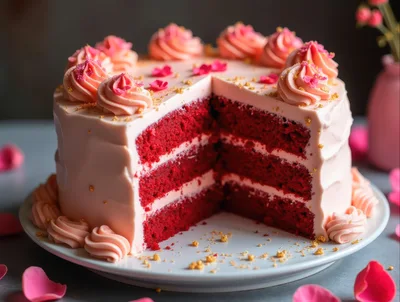 Red Velvet Cake With Pink Frosting And Petals