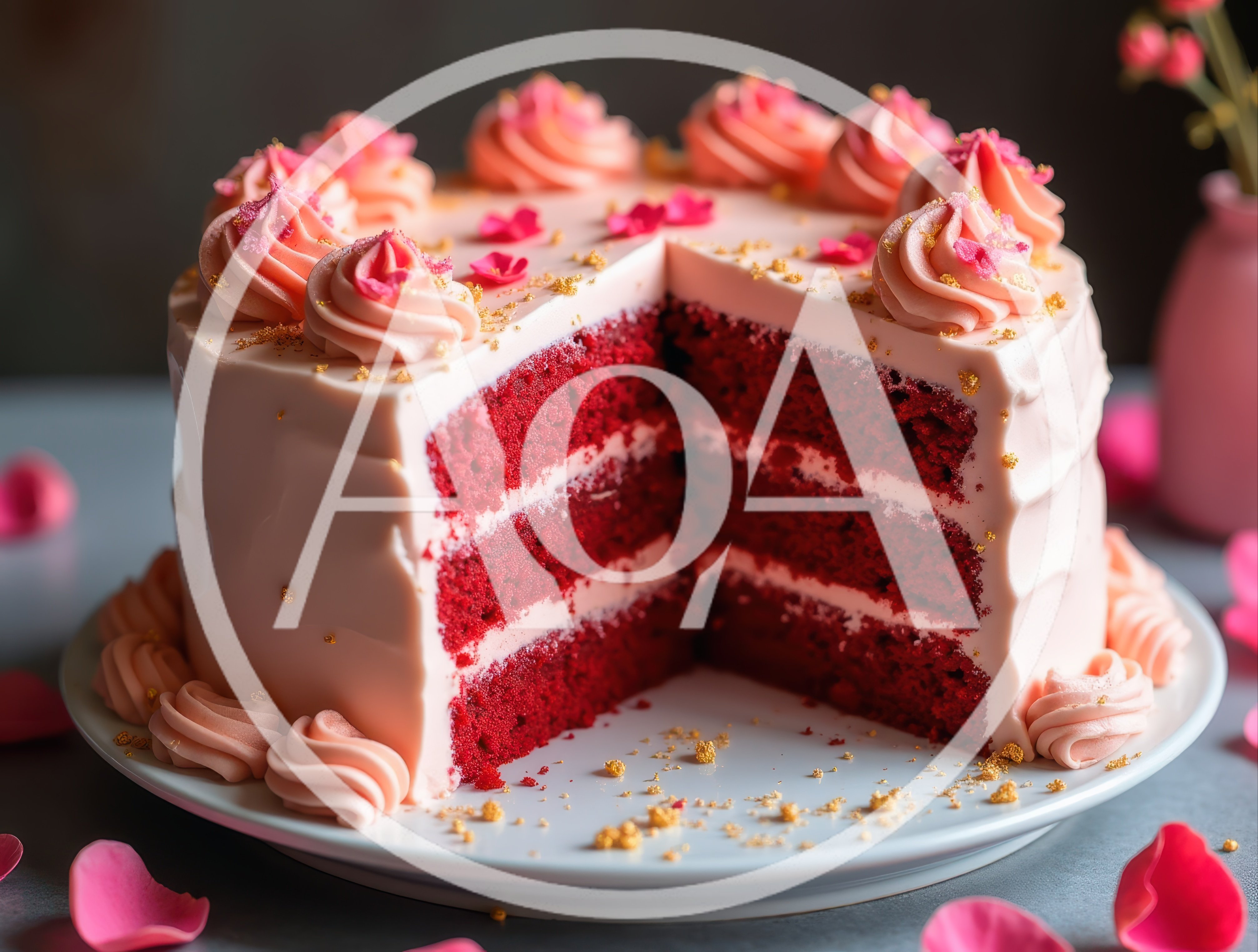 Red Velvet Cake With Pink Frosting And Petals