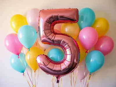 Rose Gold Number Five Balloon With Colorful Party Balloons