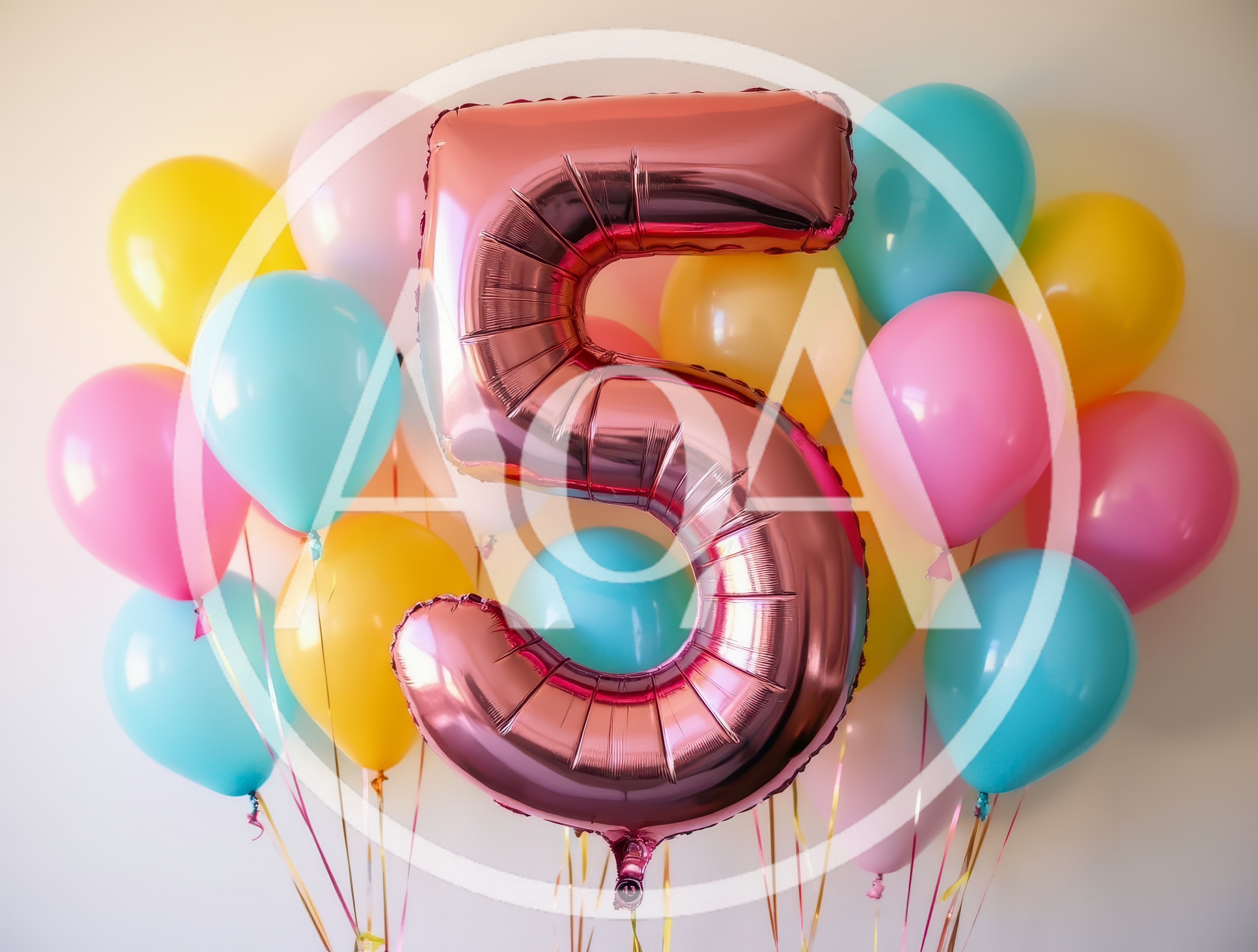 Rose Gold Number Five Balloon With Colorful Party Balloons