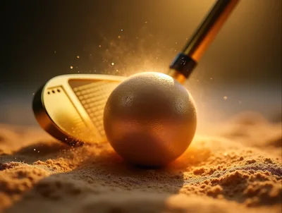 Golden Golf Ball And Club In Sand Trap