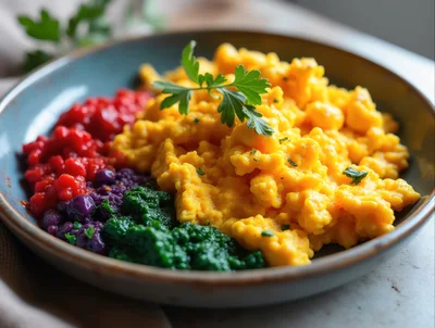 Scrambled Eggs With Colorful Vegetable Sides