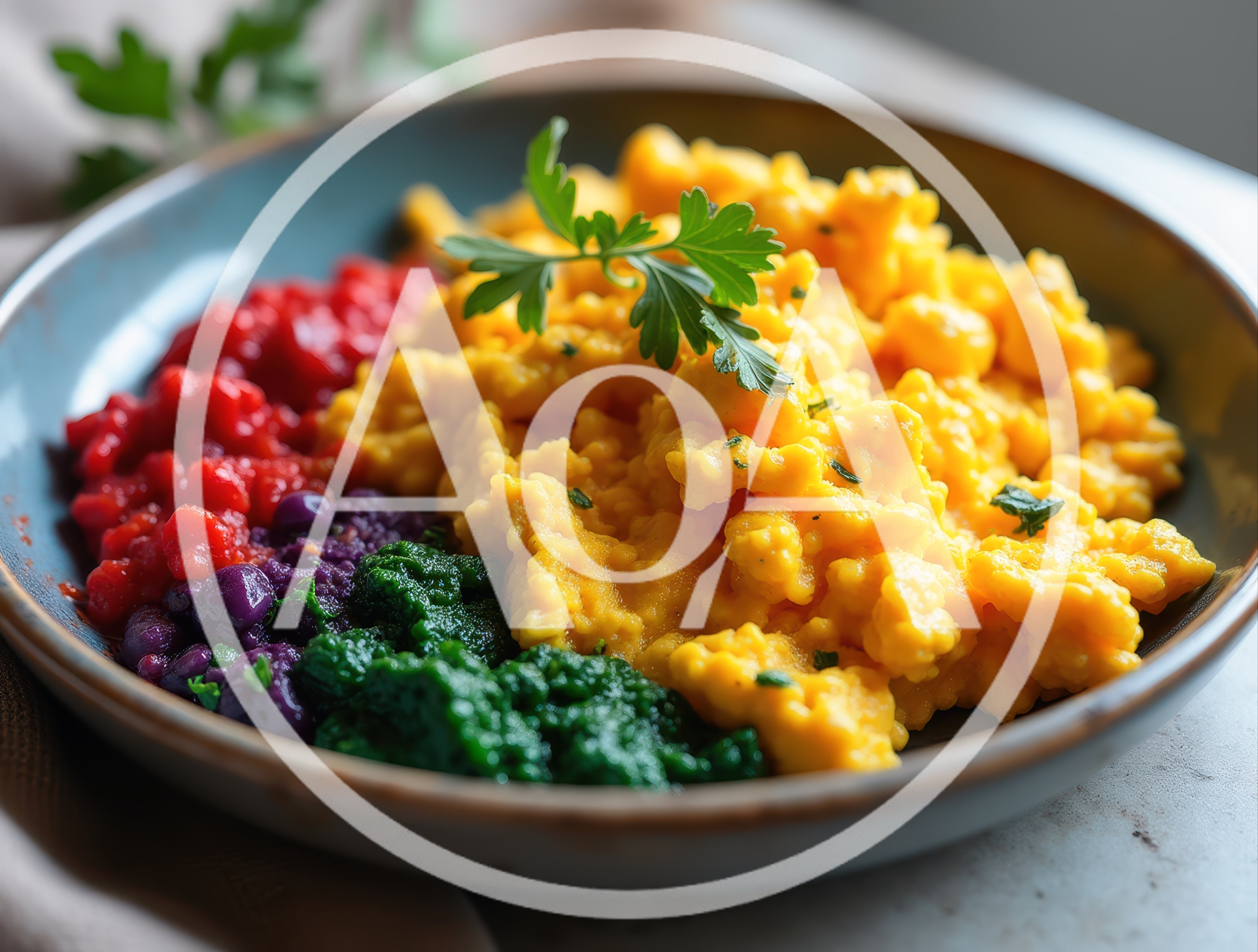 Scrambled Eggs With Colorful Vegetable Sides