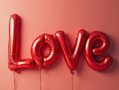 Red Foil Balloons Spelling Love On Pink Background