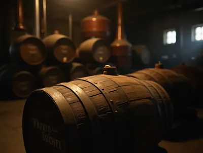 Wooden Whiskey Barrels In A Dimly Lit Distillery