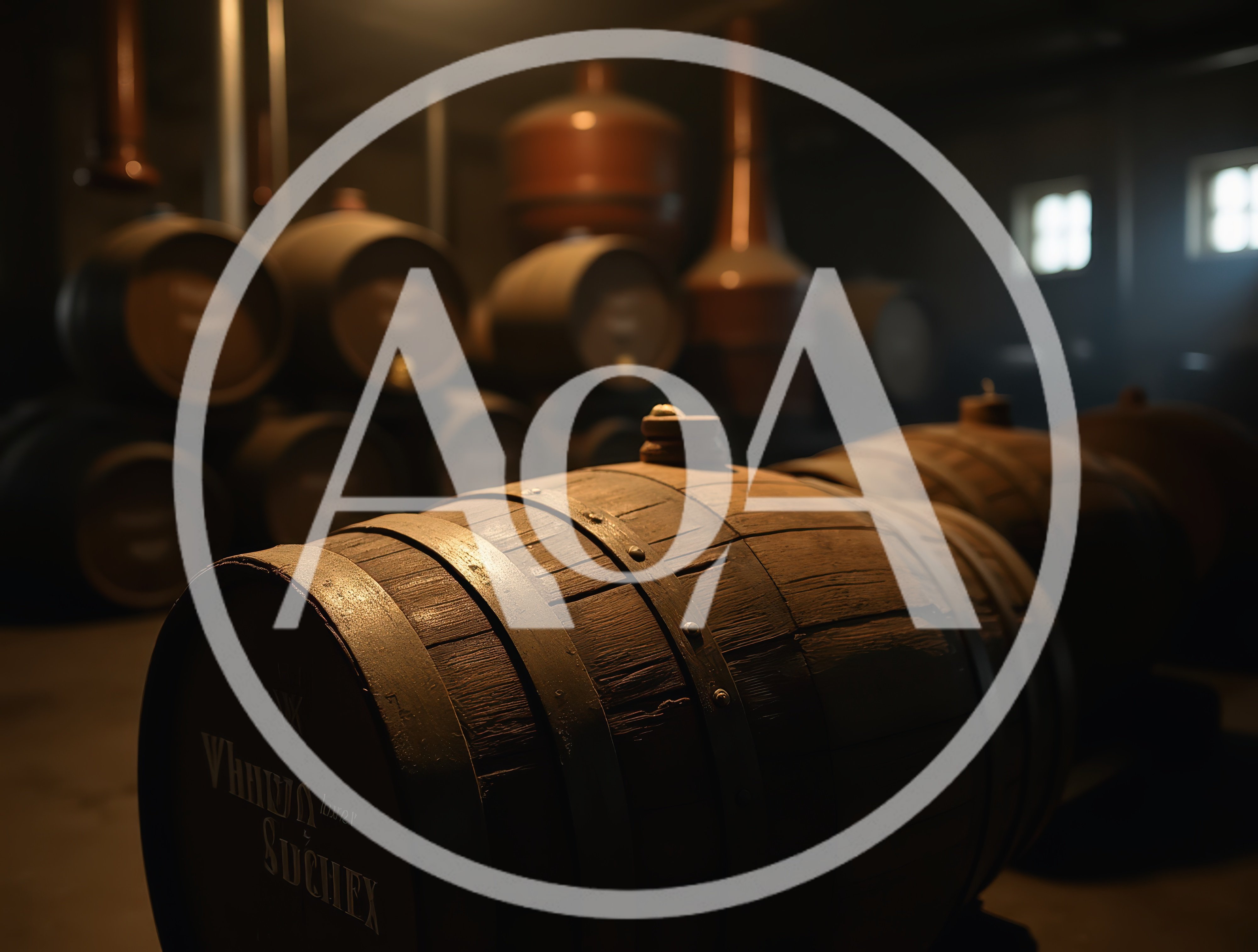 Wooden Whiskey Barrels In A Dimly Lit Distillery