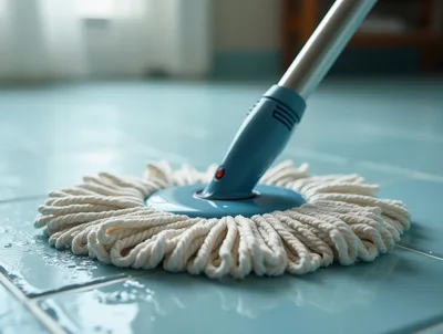 Close Up Of A Mop Cleaning Blue Tiled Floor