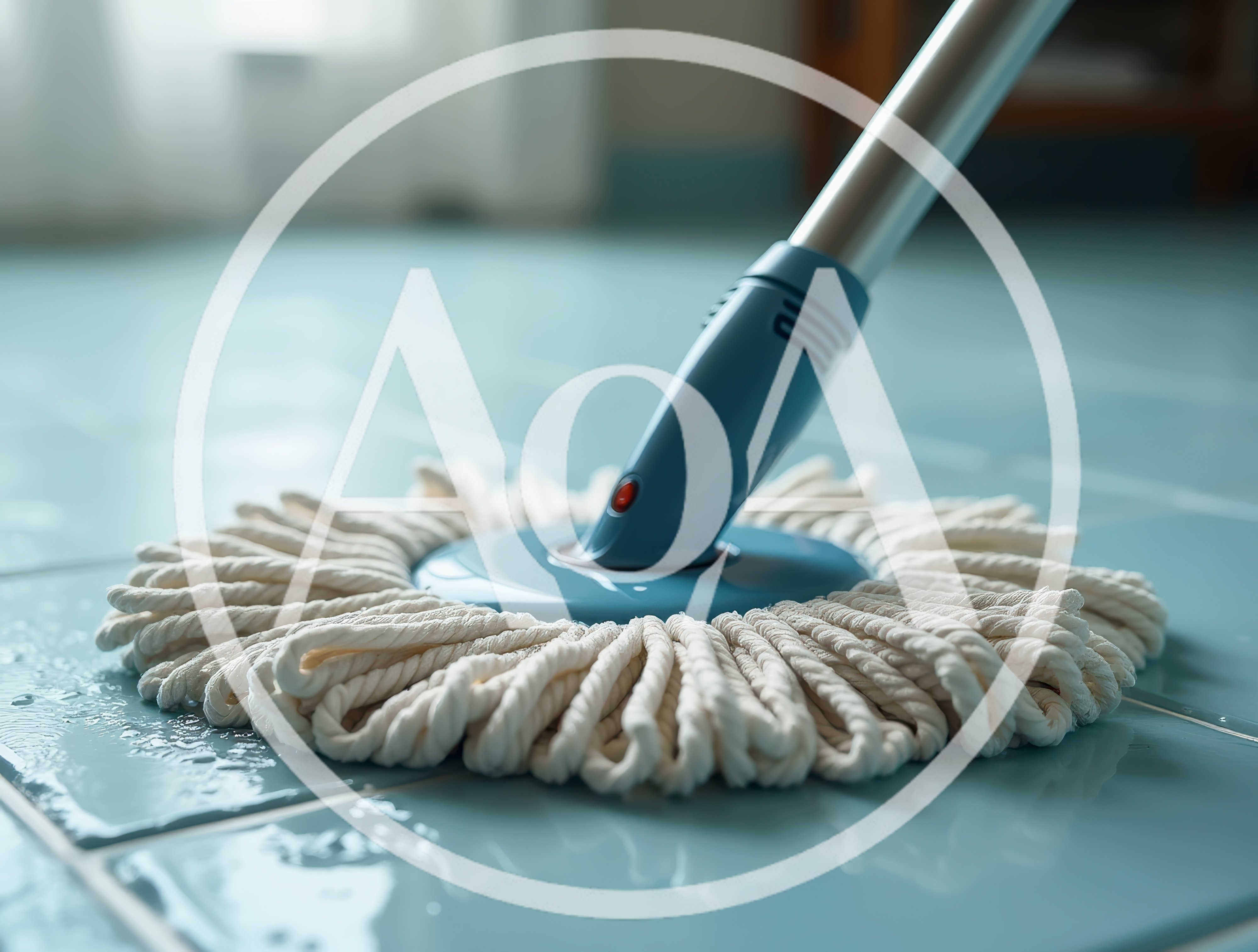 Close Up Of A Mop Cleaning Blue Tiled Floor