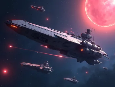 Sci-Fi Fleet Of Spaceships Engaging In Deep Space Battle