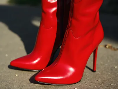 Pair Of Shiny Red Stiletto Ankle Boots
