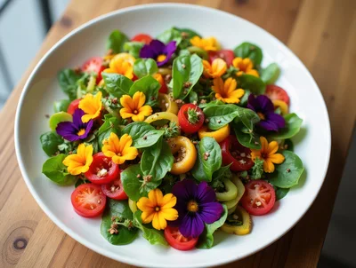 Fresh Garden Salad With Edible Flowers In White Bowl