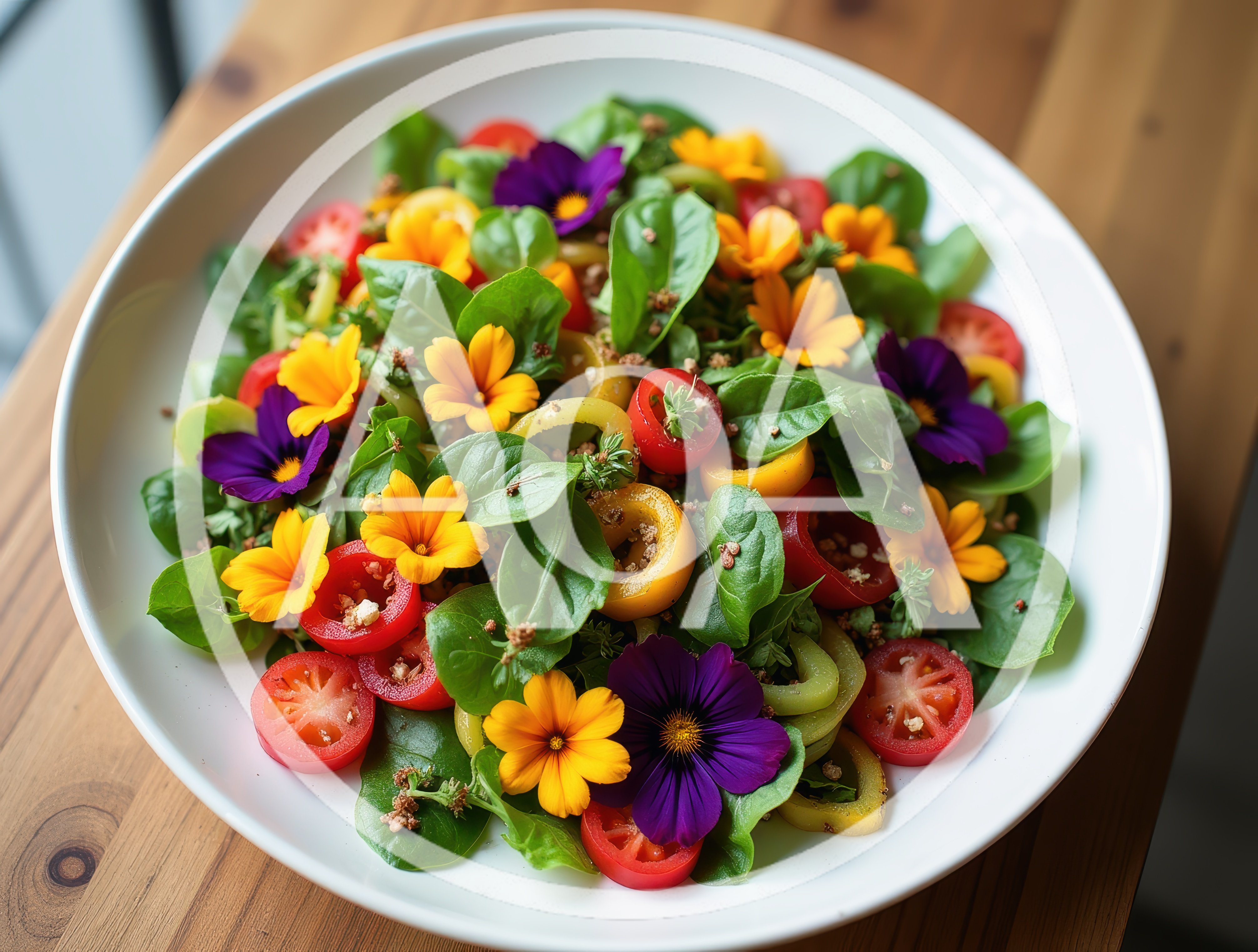 Fresh Garden Salad With Edible Flowers In White Bowl
