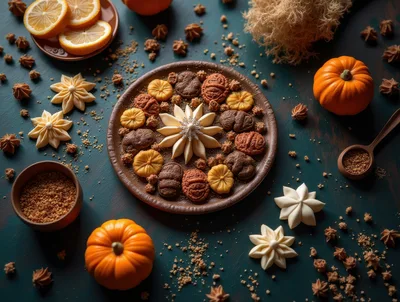 Autumnal Dessert Platter With Cookies And Pumpkins