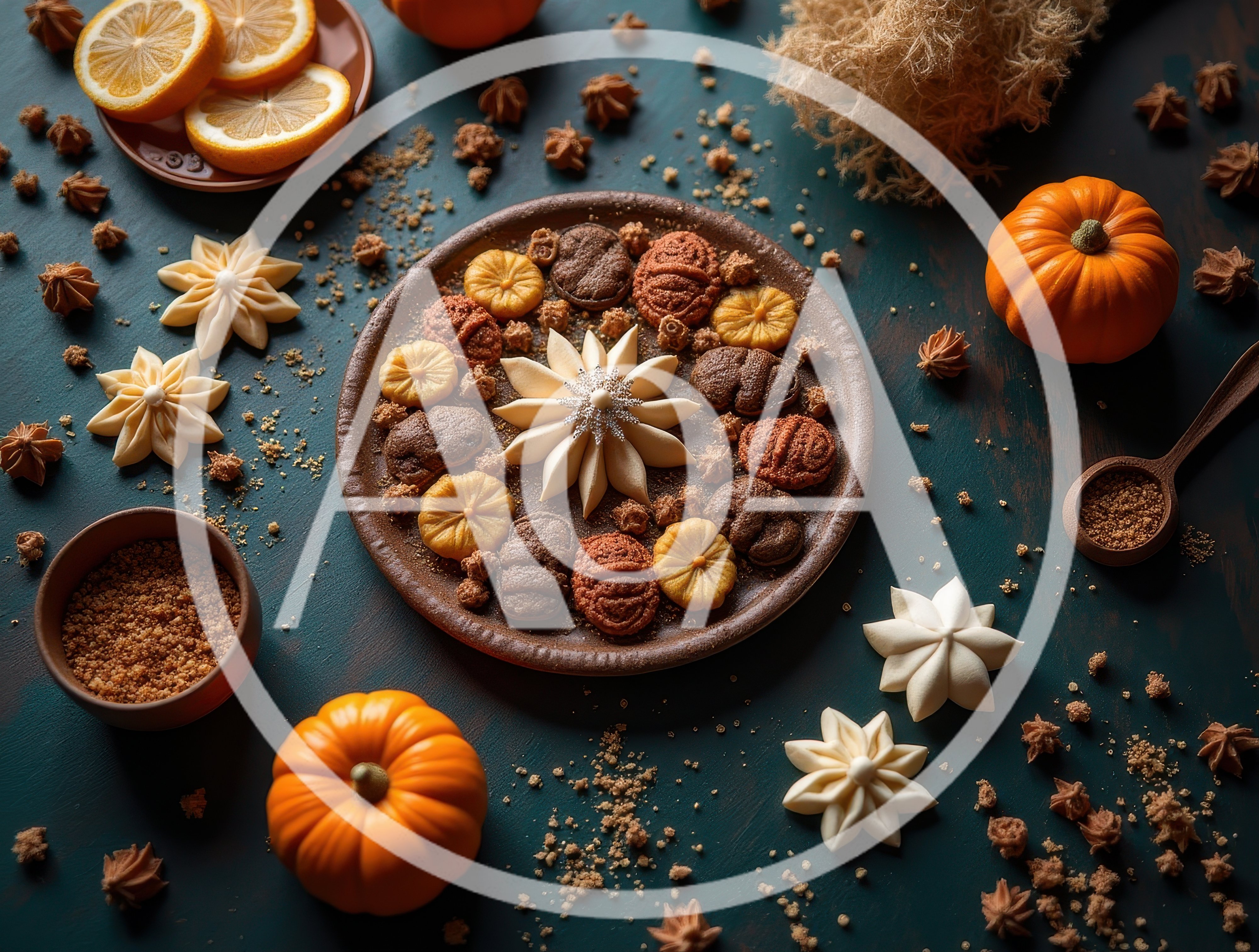 Autumnal Dessert Platter With Cookies And Pumpkins