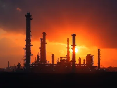Industrial Oil Refinery Silhouettes Against A Vibrant Sunset