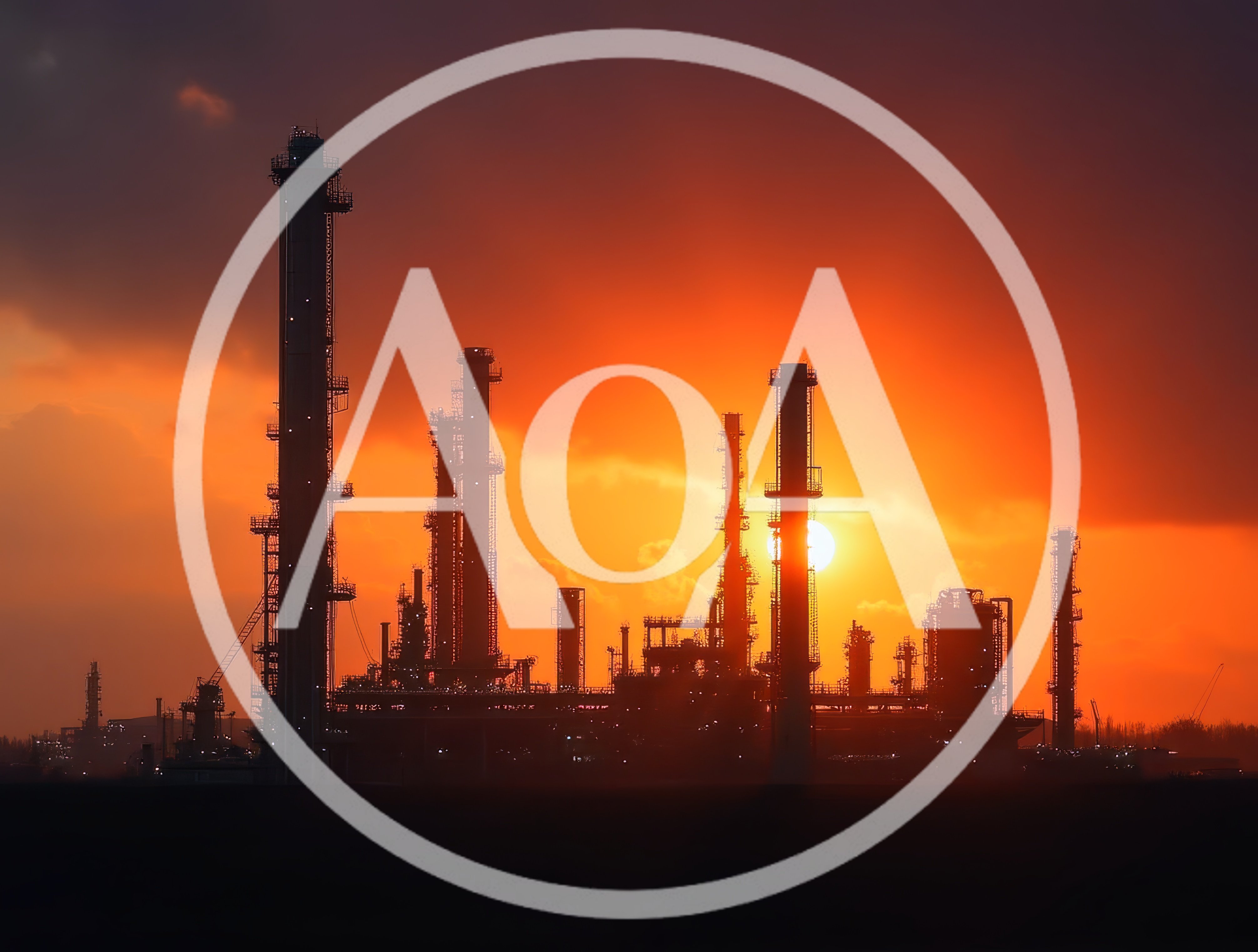 Industrial Oil Refinery Silhouettes Against A Vibrant Sunset