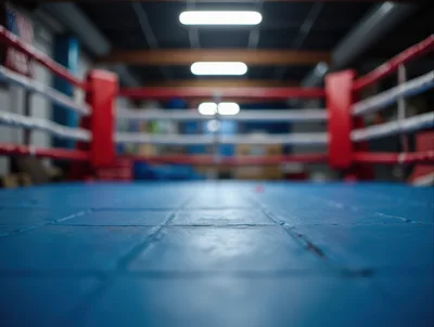 Empty Boxing Ring With Blue Mat And Red Ropes