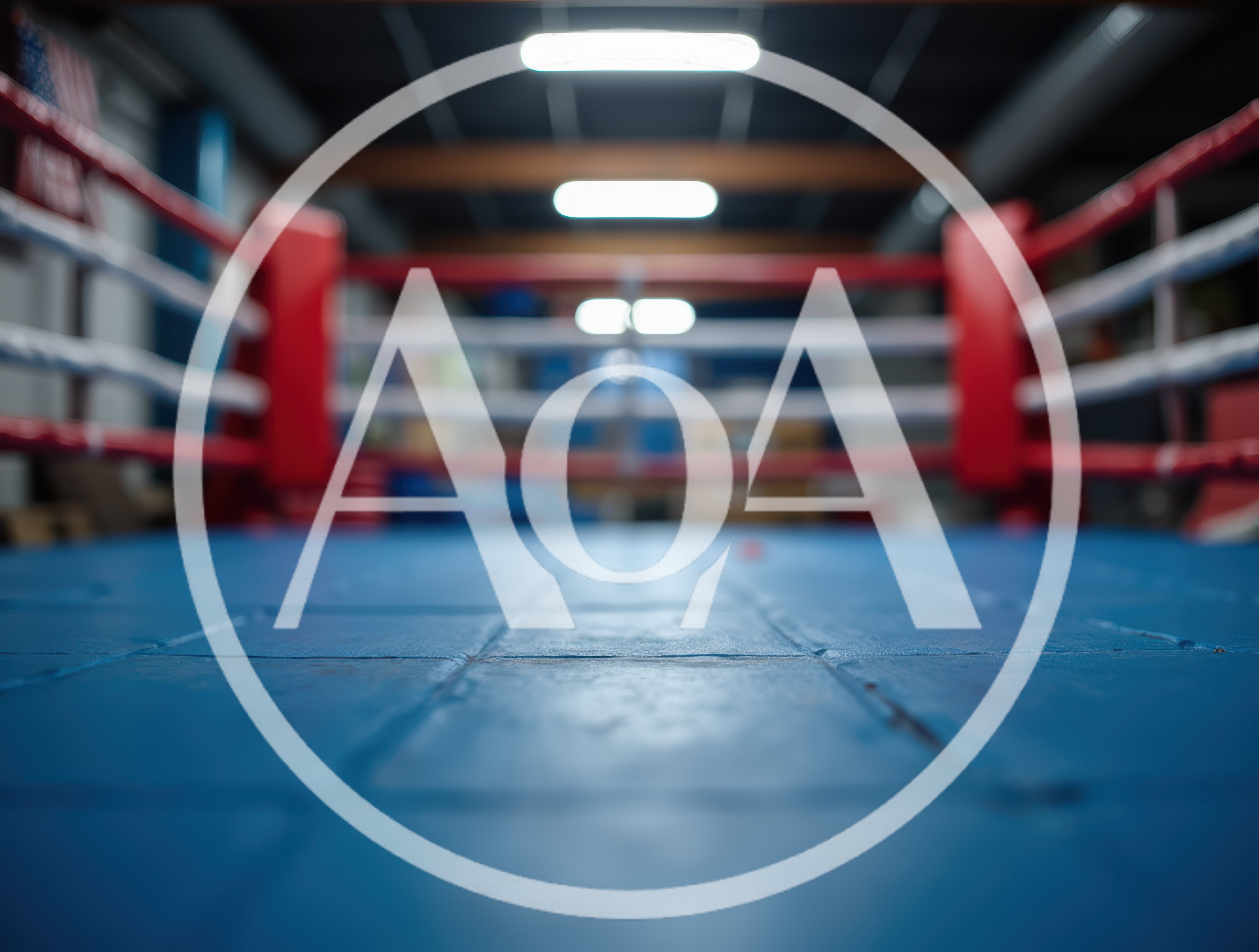 Empty Boxing Ring With Blue Mat And Red Ropes