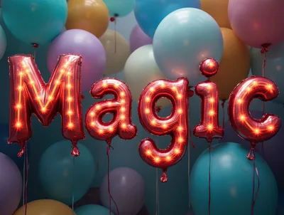Red Lighted Magic Balloon Letters Against Colorful Balloons
