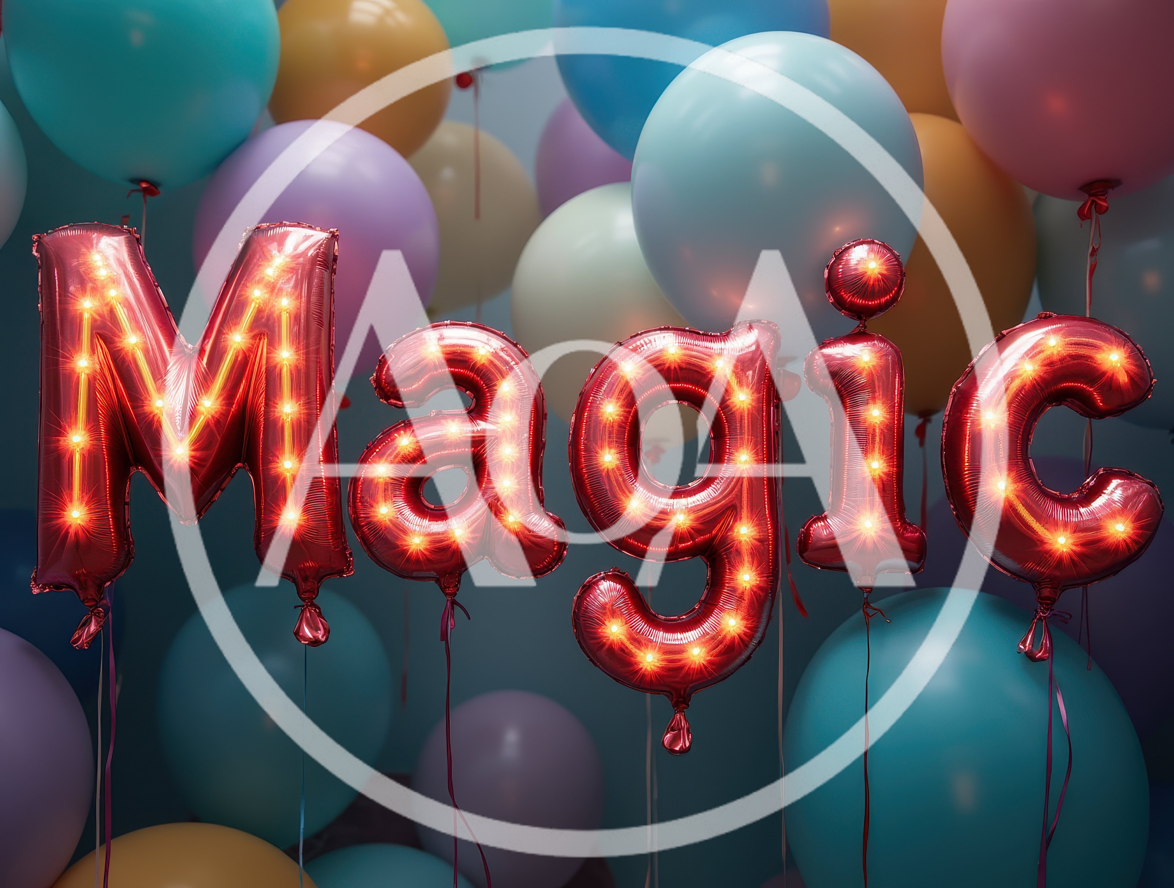 Red Lighted Magic Balloon Letters Against Colorful Balloons