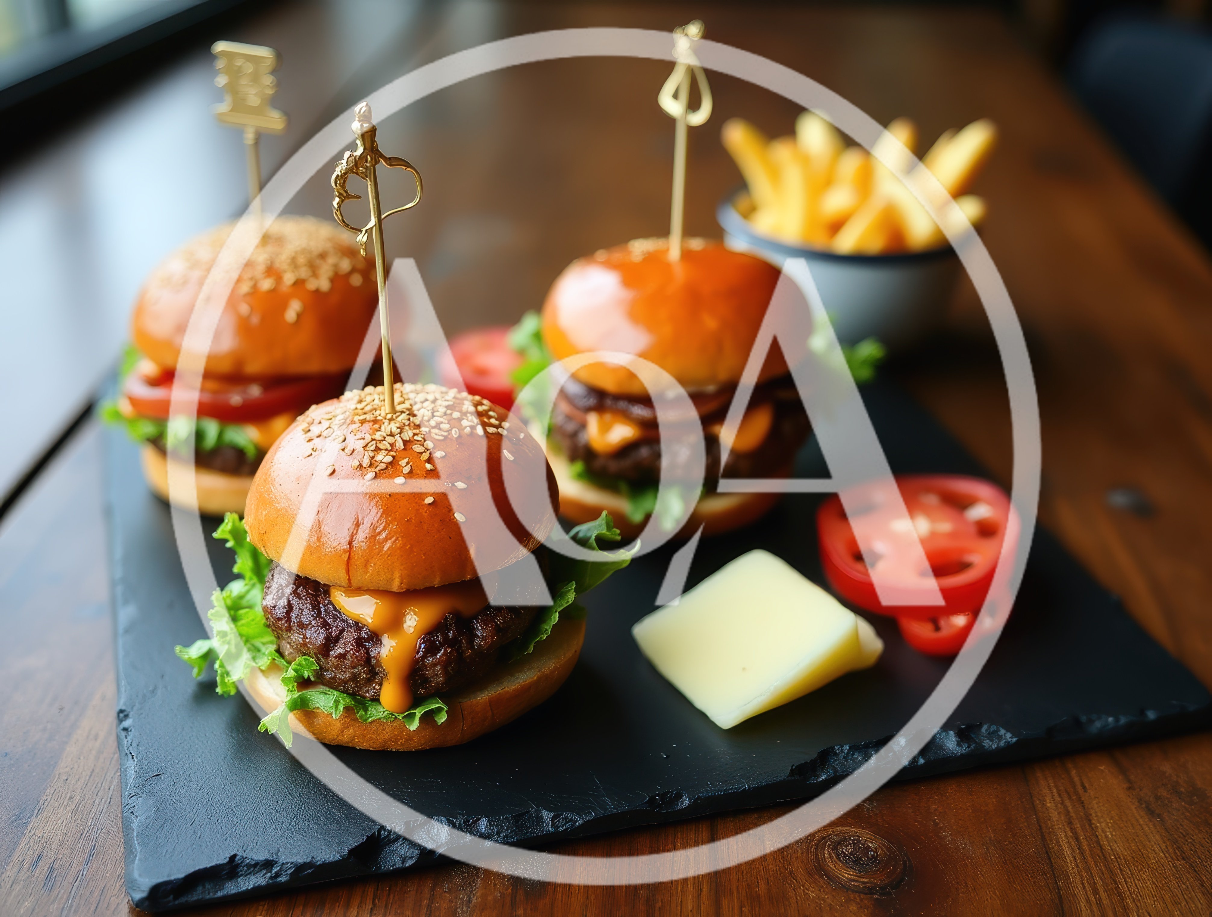 Three Gourmet Sliders Served On A Slate Platter