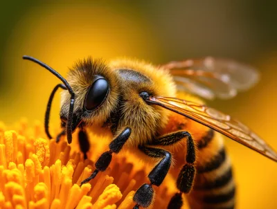 Macro Close Up Of A Honey Bee On A Flower