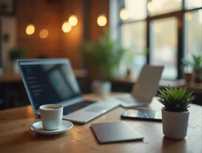 Laptop And Coffee On A Wooden Office Desk