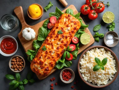 Baked Casserole Dish With Fresh Ingredients On Dark Table