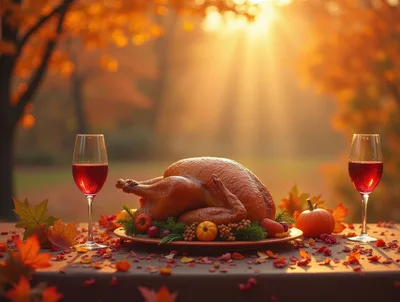 Roasted Thanksgiving Turkey Dinner With Wine Glasses