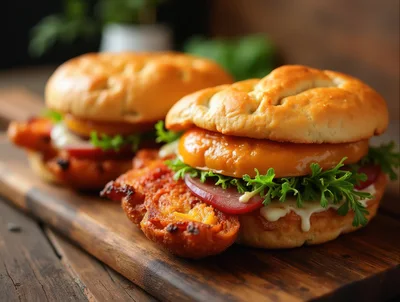 Two Gourmet Burgers on a Wooden Cutting Board