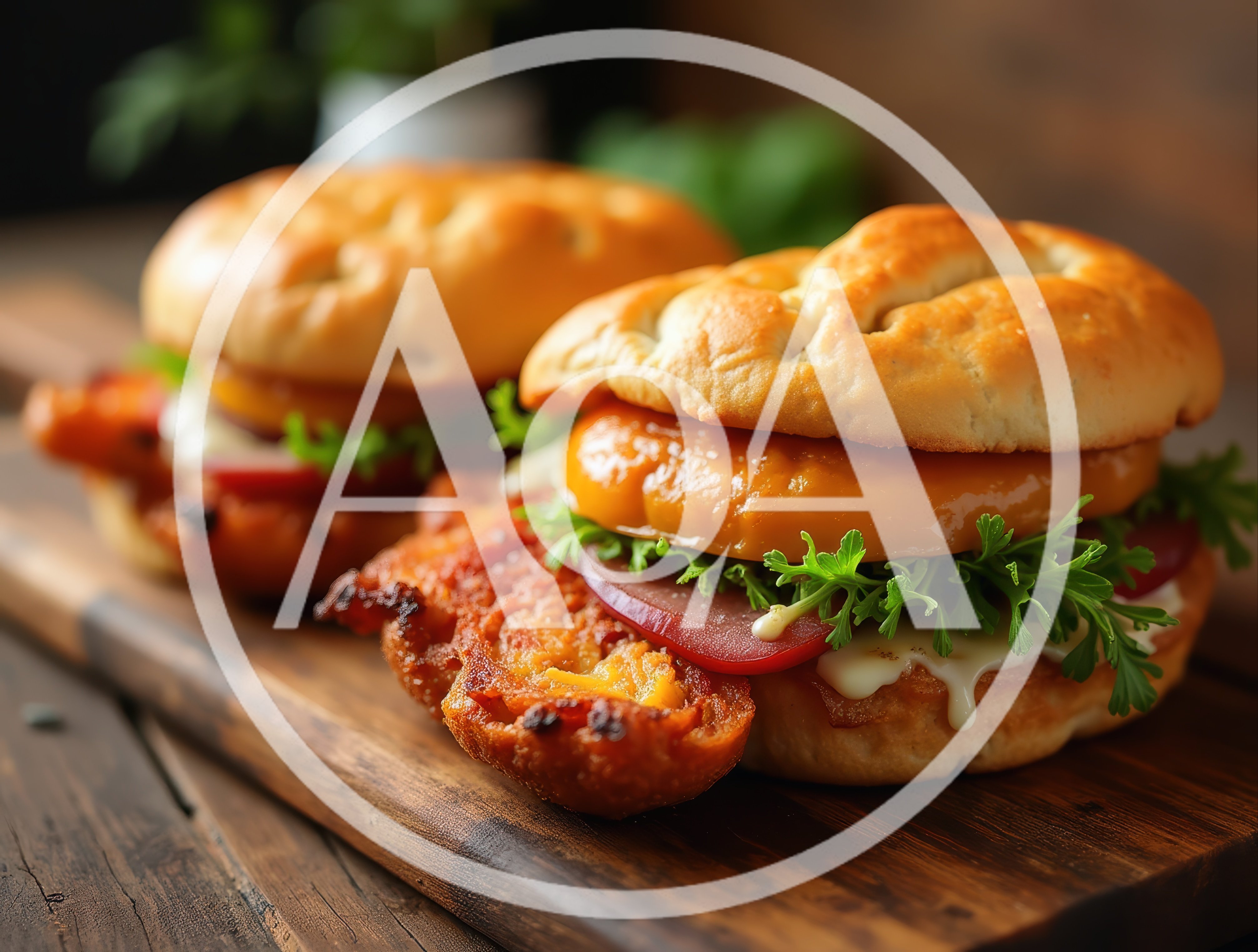 Two Gourmet Burgers on a Wooden Cutting Board