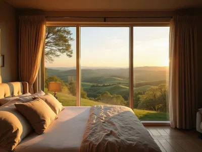 Bedroom With Panoramic View Of Rolling Hills At Sunset
