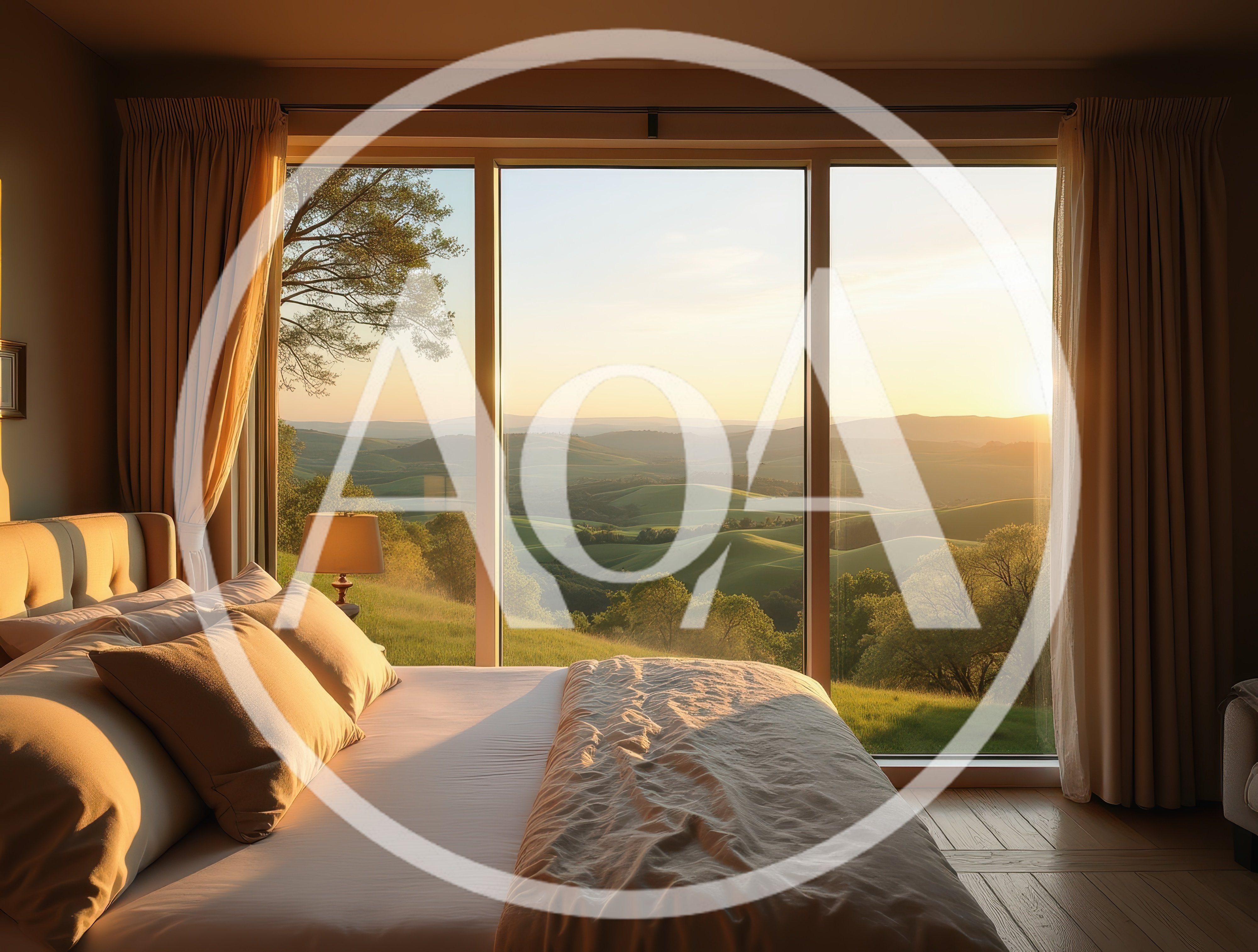 Bedroom With Panoramic View Of Rolling Hills At Sunset