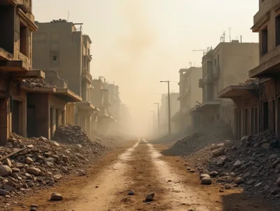 Desolate Ruined City Street After Conflict