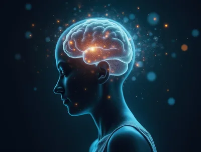 Digital Human Head With Glowing Neural Network Brain
